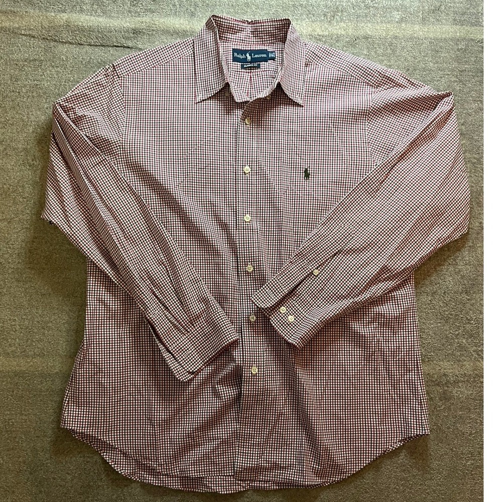 Ralph Lauren Classic Fit Gingham Dress Shirt Mens 16.5 34/35 Red Navy Check Prep